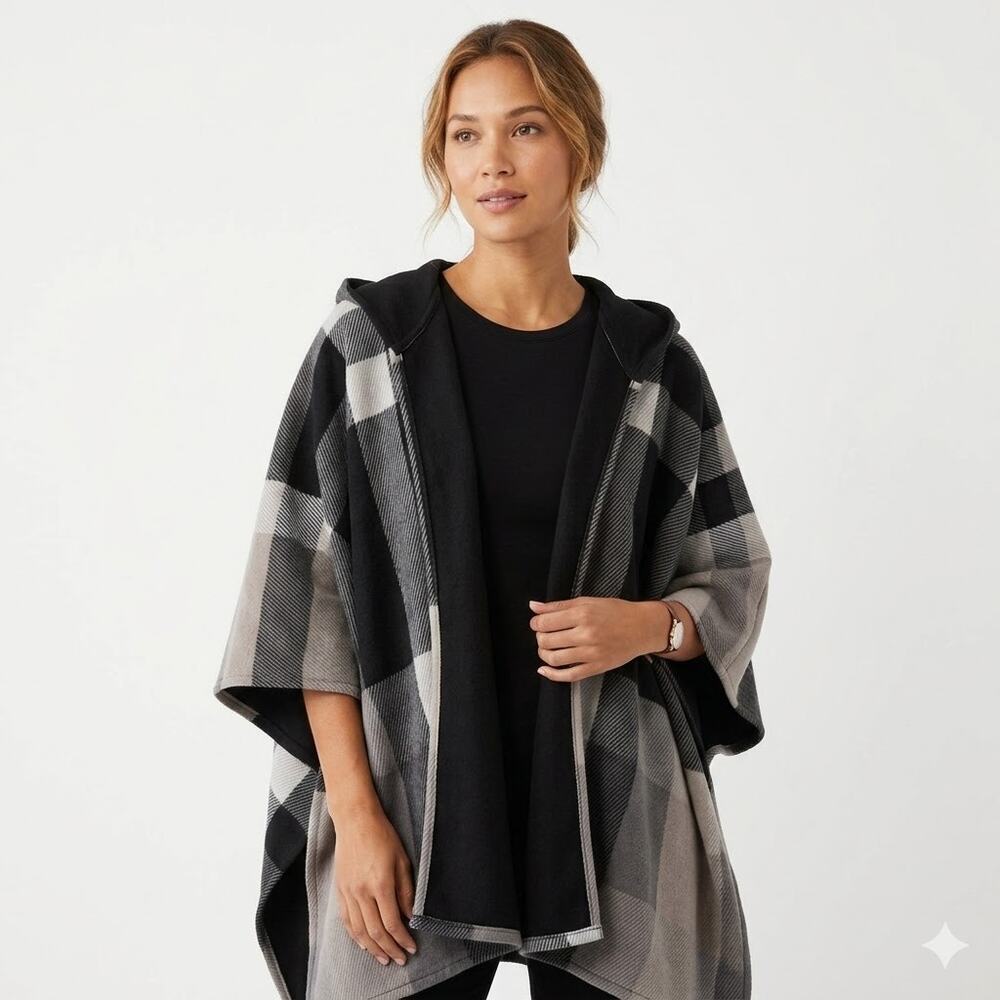 Rachel Roy Women's Fleece Cape Poncho Sweater One Size Black Plaid Hooded Open